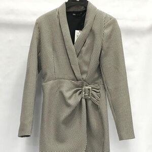 Zara Black and White Houndstooth Wrap Dress with Waist Tie